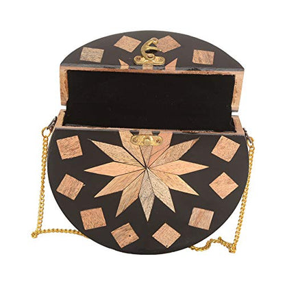 Zephyrr Women's Evening Round Wooden Clutch Bag Box Clutch Handbag/Purse Shoulder Bag for Wedding Cocktail Party