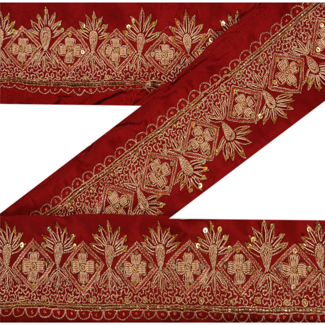 Sanskriti Vintage 5 YD Sari Border Hand Beaded Craft Trim Sewing Dark Red Lace