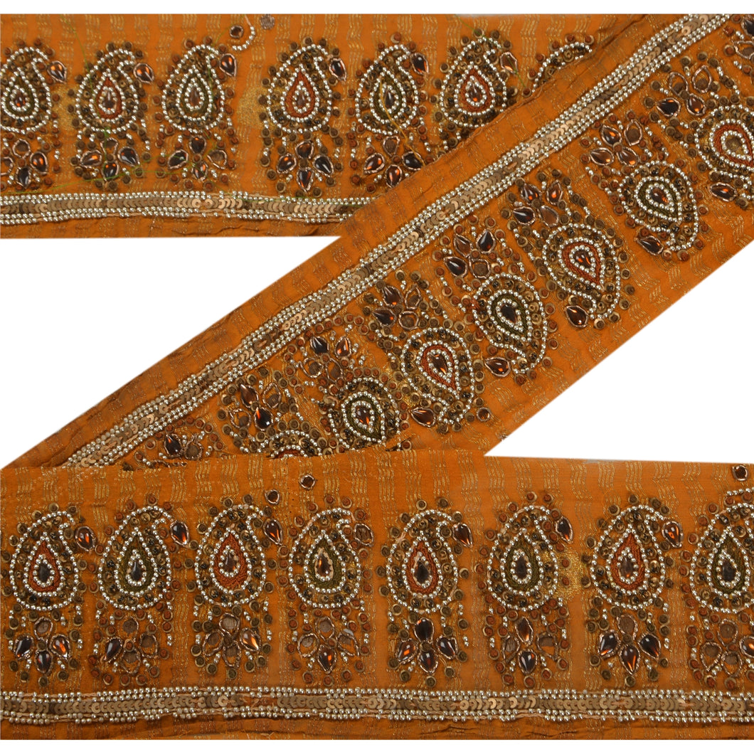 Sanskriti Vintage 1 YD Sari Border Hand Beaded Woven Trim Sewing Craft Lace