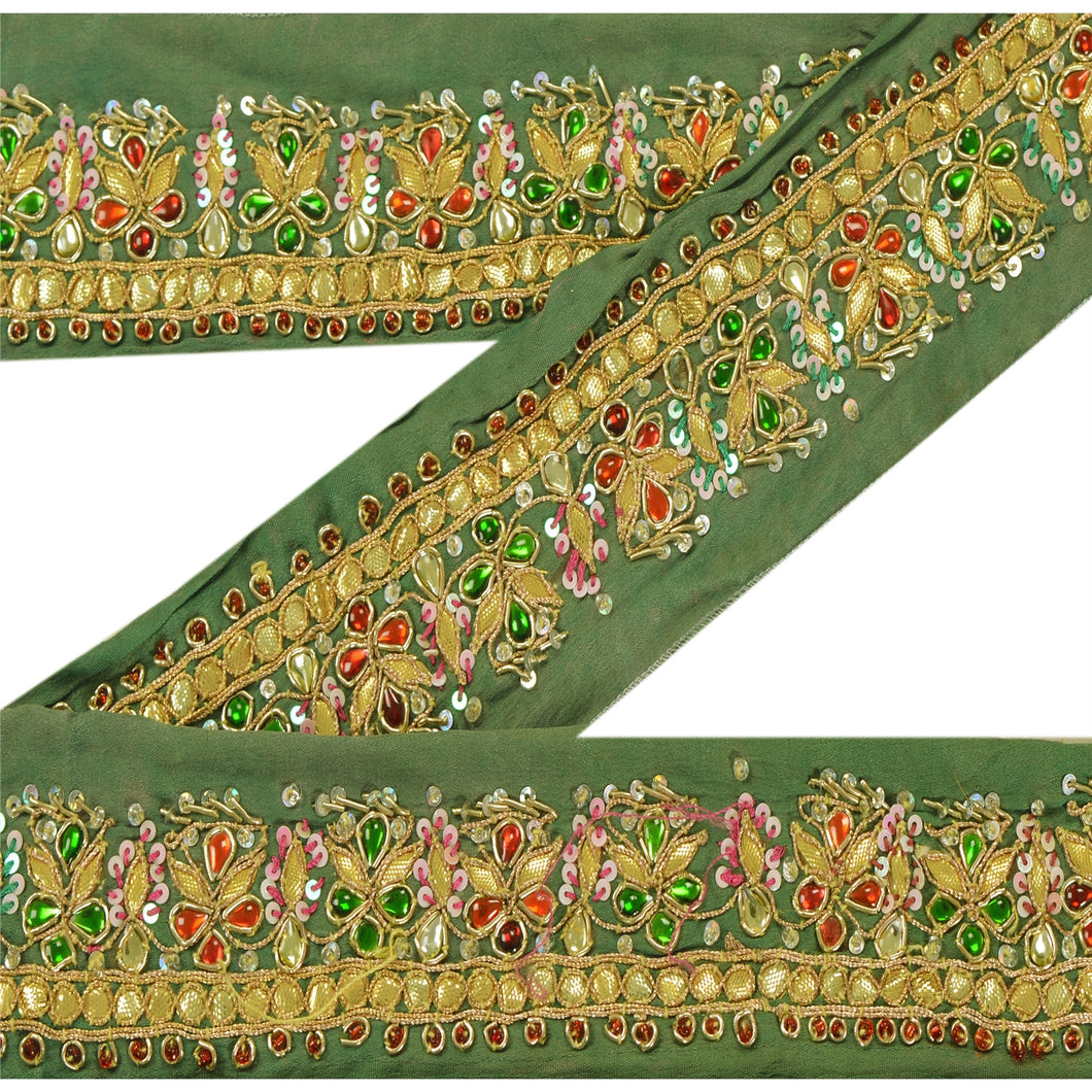 Sanskriti Vintage 1 YD Sari Border Hand Beaded Craft Trim Ribbon Green Lace
