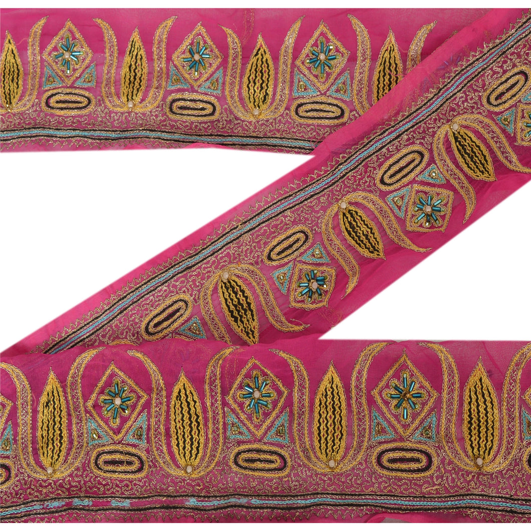 Sanskriti Vintage 1 YD Sari Border Hand Beaded Craft Trims Sewing Pink Lace