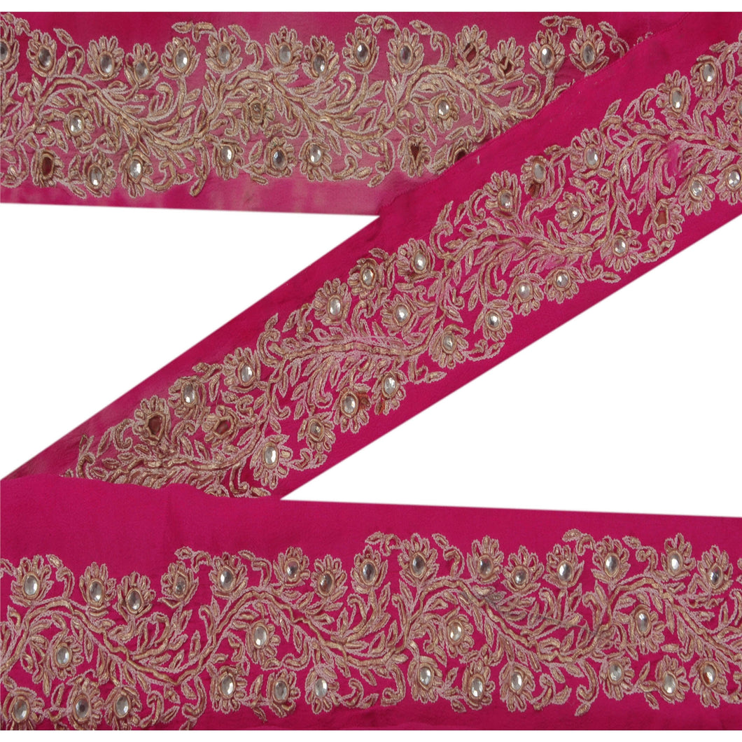 Sanskriti Vintage 1 YD Sari Border Hand Beaded Trim Sewing Pink Zardozi Lace