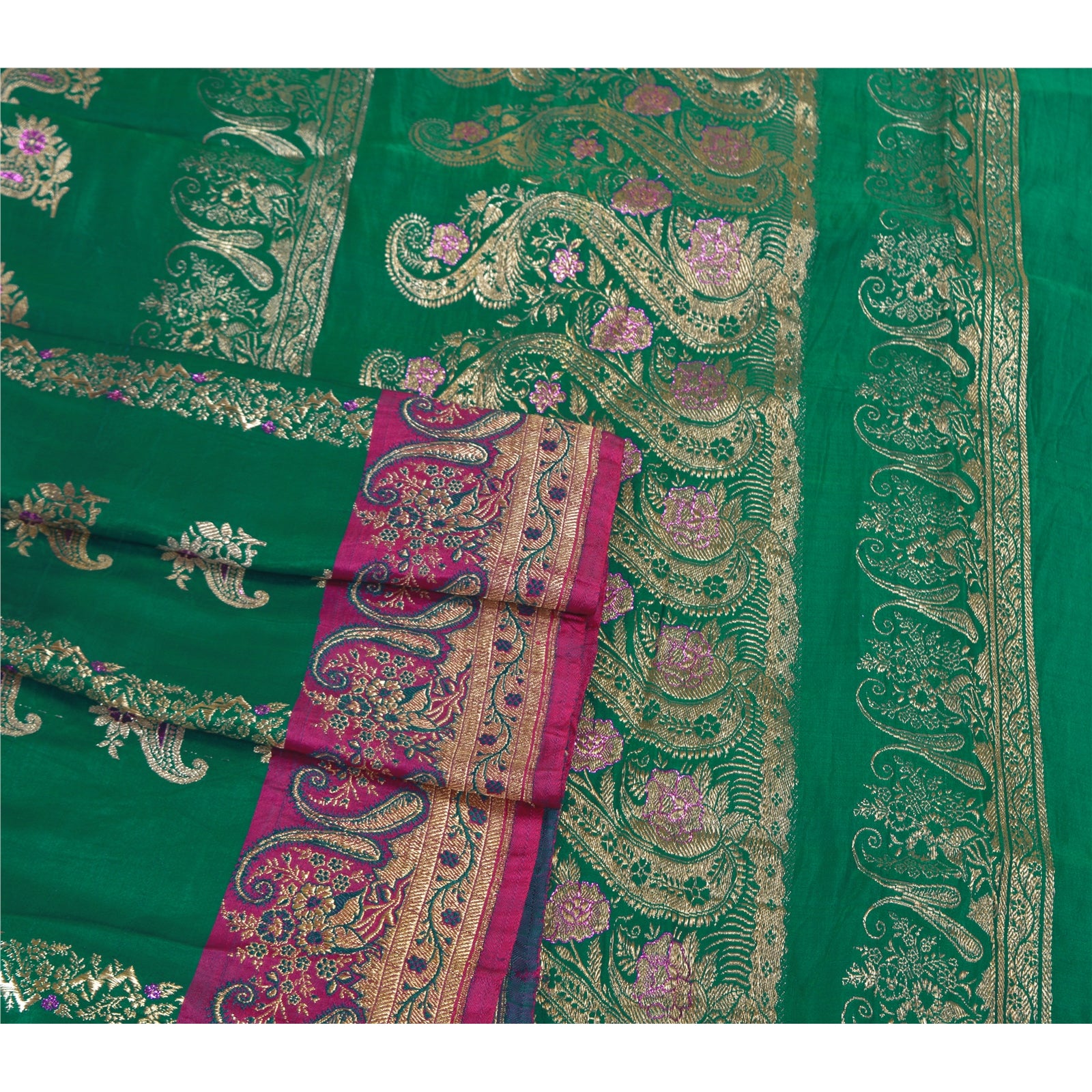 Sanskriti Vintage Green Heavy Sarees Pure Satin Silk Woven Brocade Sari  Fabric