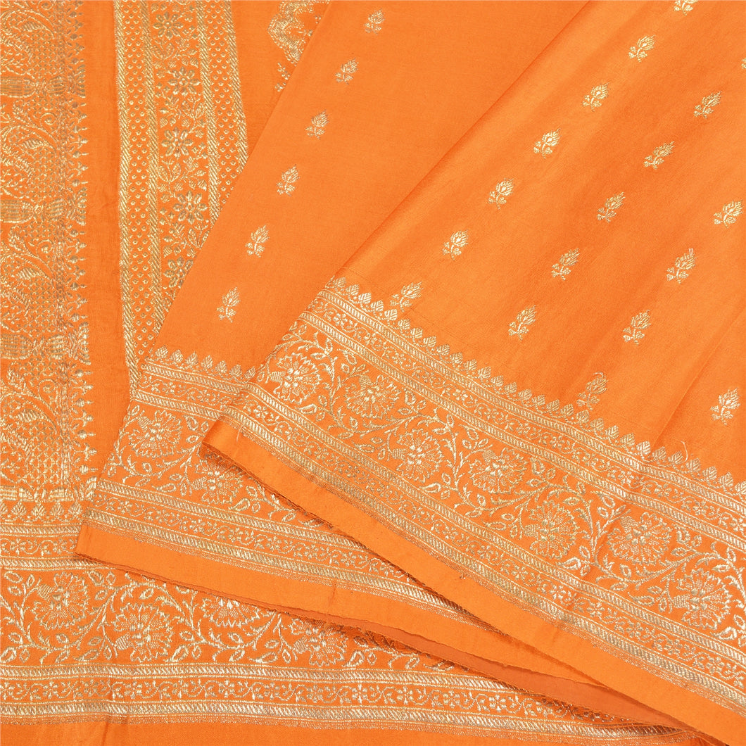Sanskriti Vintage Saffron Sarees Pure Satin Silk Brocade/Banarasi Sari Fabric