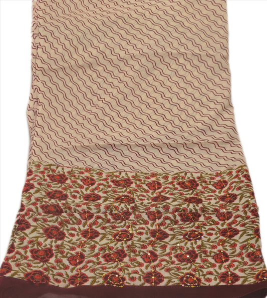 VINTAGE DUPATTA LONG SCARF GEORGETTE CREAM BROWN HAND EMBROIDERED KANTHA STOLE