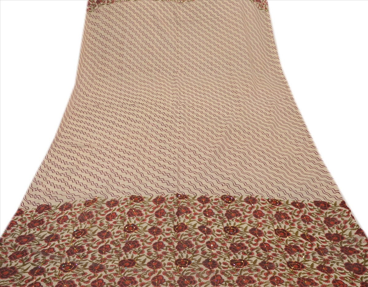 VINTAGE DUPATTA LONG SCARF GEORGETTE CREAM BROWN HAND EMBROIDERED KANTHA STOLE