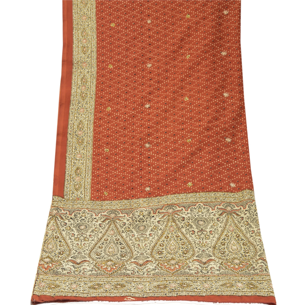 Sanskriti Vintage Dupatta Long Stole Pure Silk Orange Hand Beaded Wrap Scarves