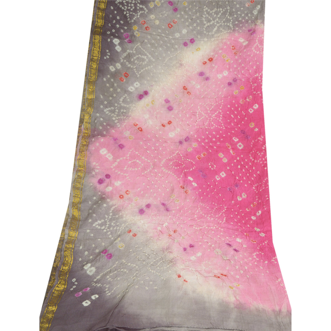Sanskriti Vintage Dupatta Long Stole Pure Silk Grey/Pink Bandhani Woven