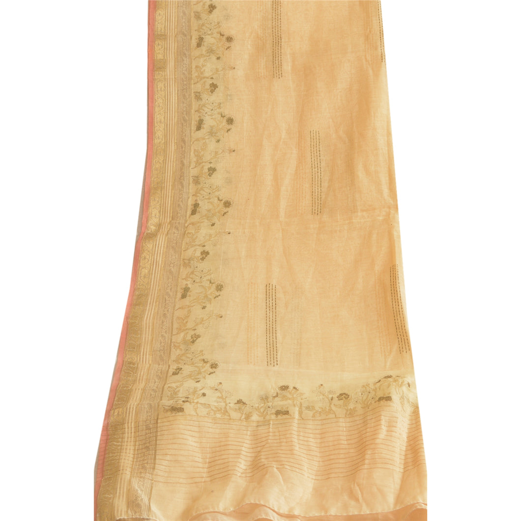 Sanskriti Vintage Long Dupatta Stole Cotton Silk Ivory Block-Printed Woven Hijab