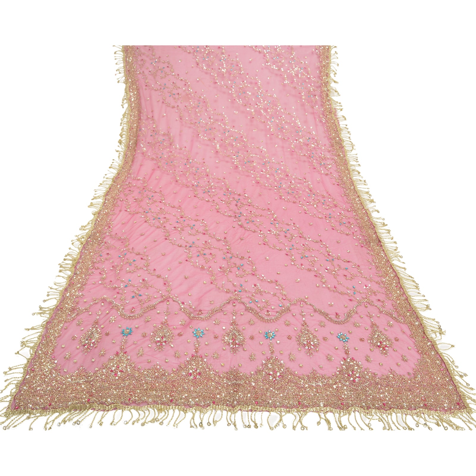 Vintage Heavy Dupatta Net Mesh Pink Hand Beaded Zari top Work Stole