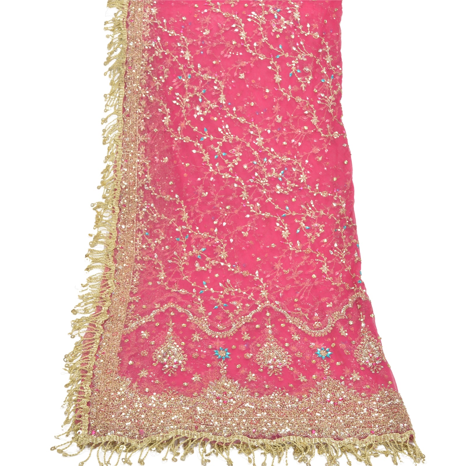 Vintage Heavy Dupatta Pure Chiffon Silk Pink Hand Beaded Zardozi top Stole