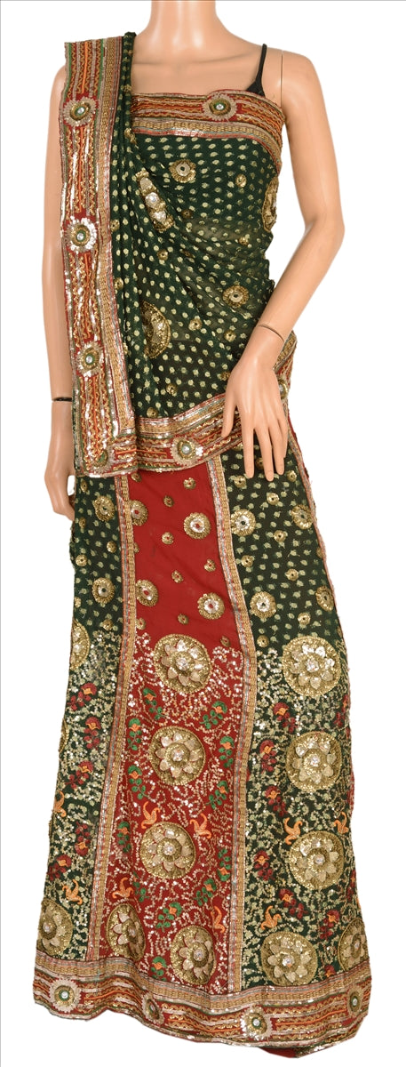 VINTAGE INDIAN SAREE GEORGETTE LEHENGA HEAVY SARI HAND BEADED PRE STITCHED WOVENSanskriti