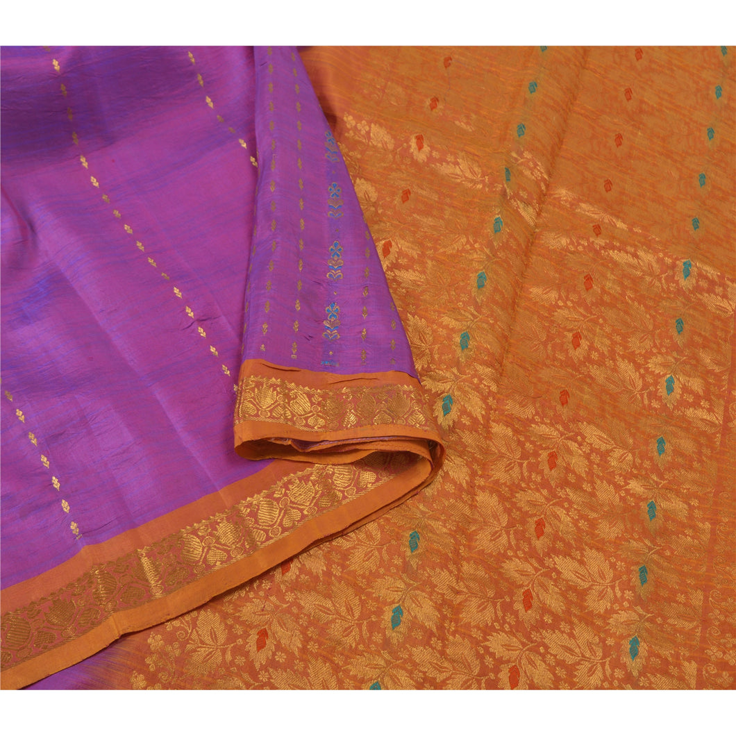 Sanskriti Vintage Purple Heavy Sarees 100% Pure Silk Woven Brocade Sari Fabric