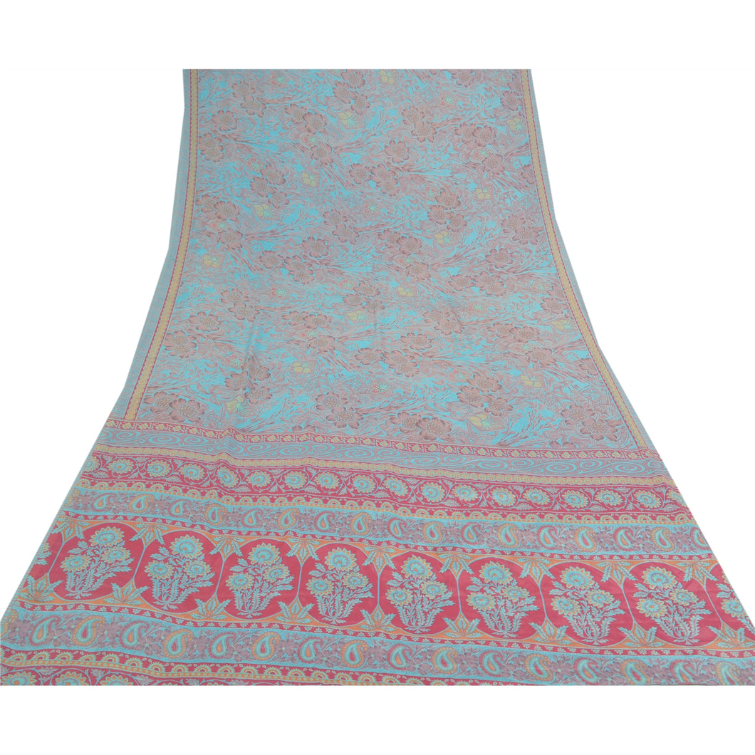 Sanskriti Vintage Blue Sarees Moss Crepe Floral Printed Craft Fabric Sari