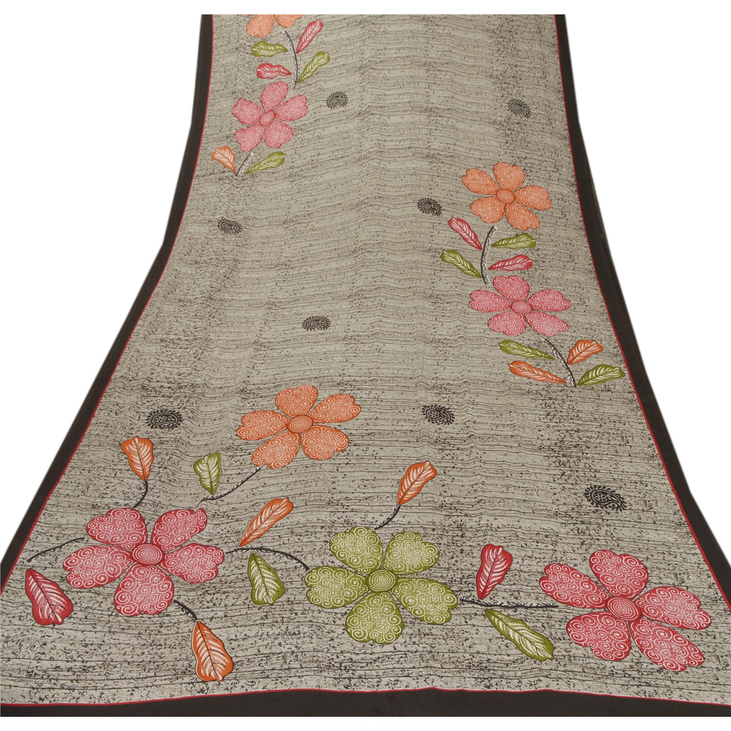 Sanskriti Vintage Grey Sarees Moss Crepe Printed Sari Decor 5 Yard Craft Fabric