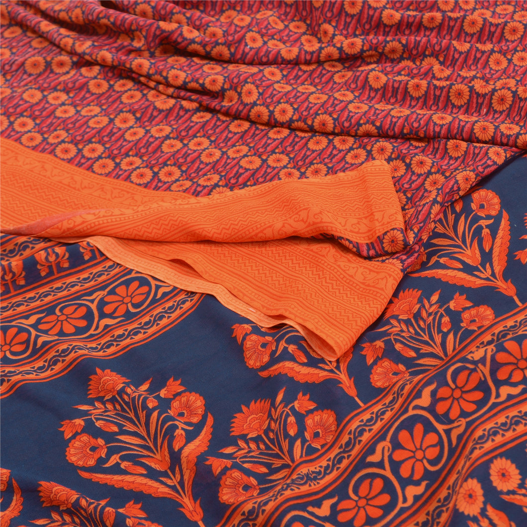 Sanskriti Vintage Orange Sarees Moss Crepe Floral Printed Craft Fabric Sari