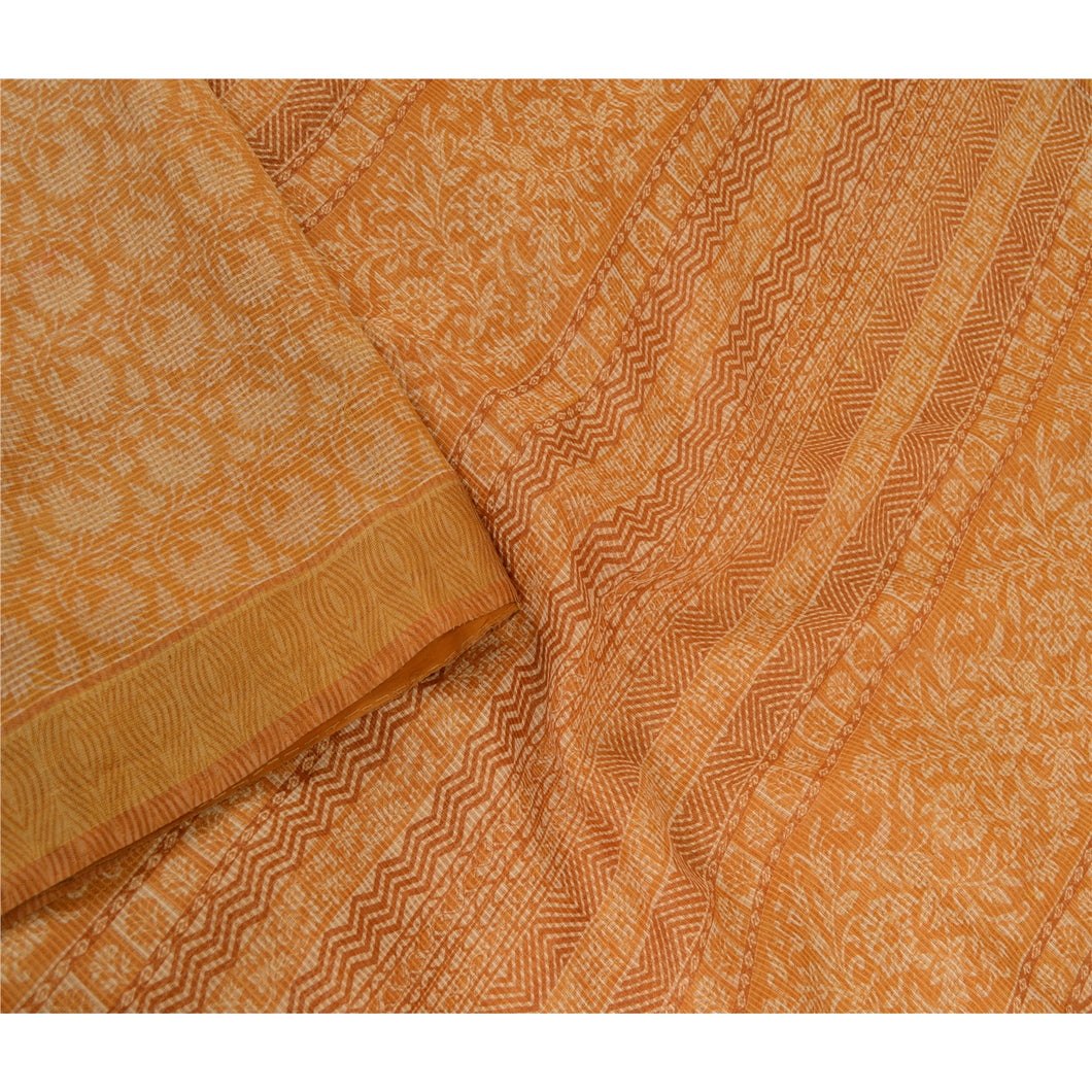 Sanskriti Vintage Sarees Zari Woven Kota Cotton Print Saffron Sari Craft Fabric