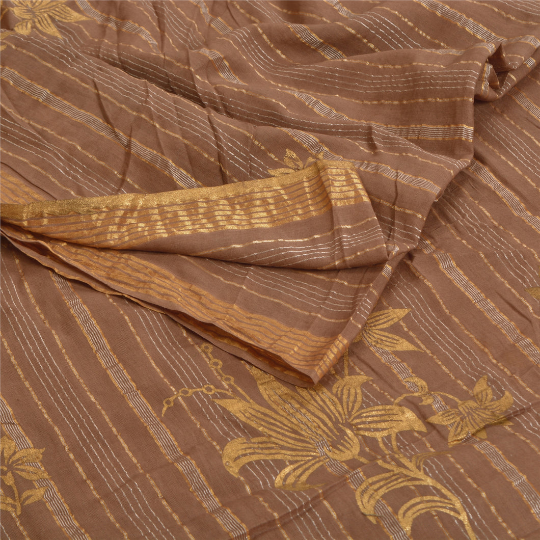 Sanskriti Vintage Sarees Brown Blend Cotton Painted Sari Floral 5yd Craft Fabric
