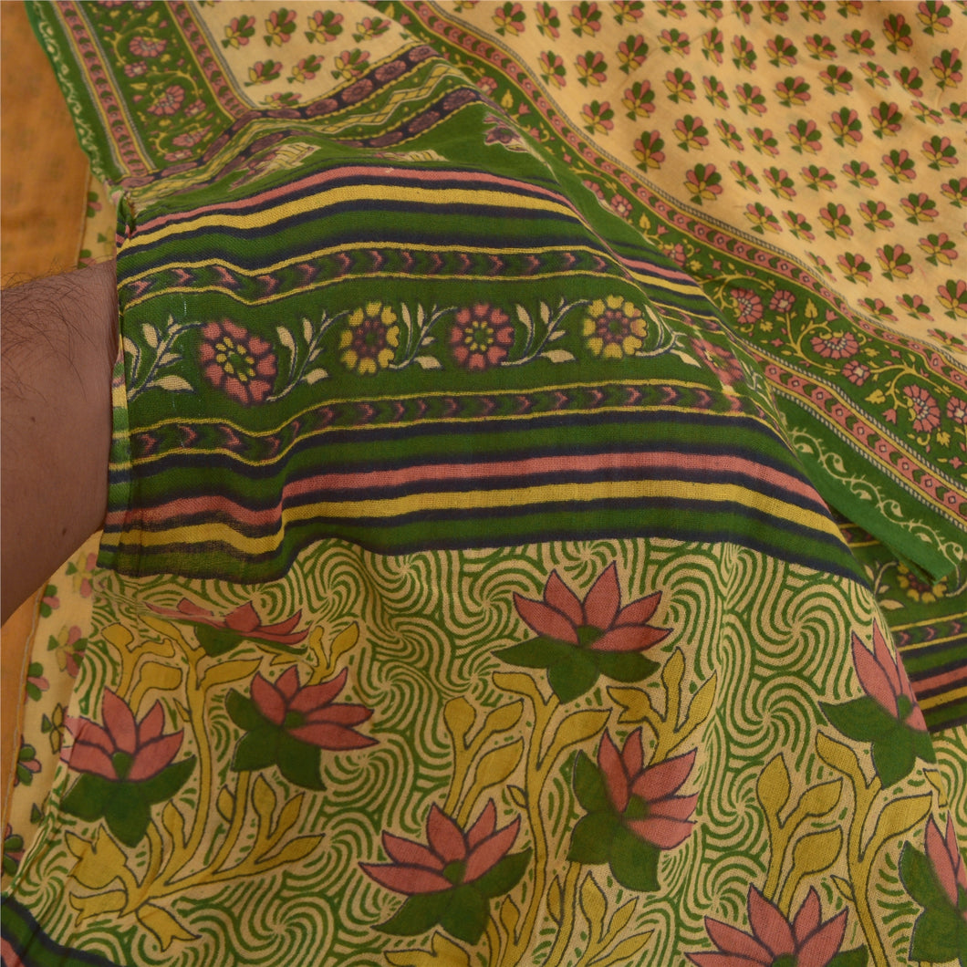 Sanskriti Vintage Sarees Cream Pure Cotton Printed Sari 5yd Floral Craft Fabric