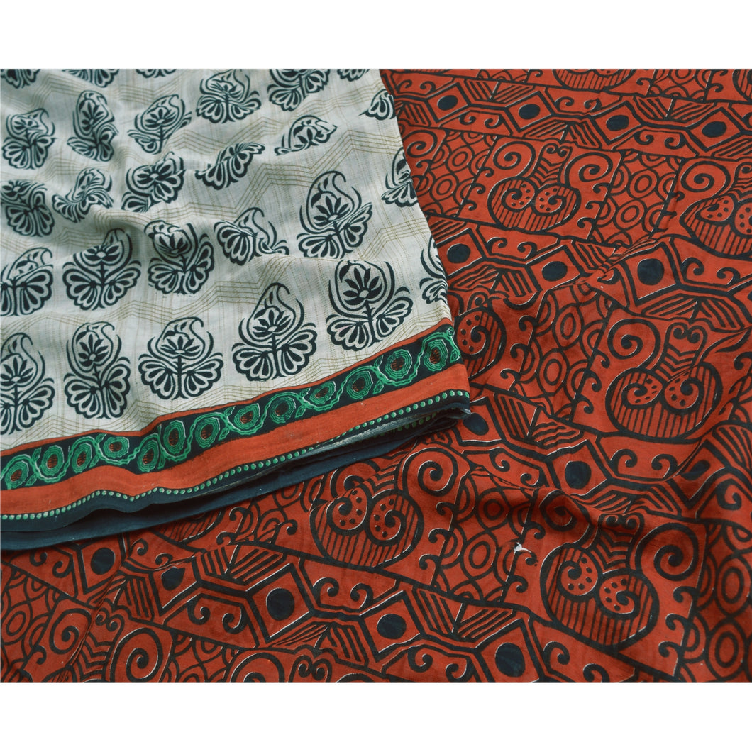 Sanskriti Vintage Sarees Orange Ivory Pure Cotton Sari Printed Soft Craft Fabric