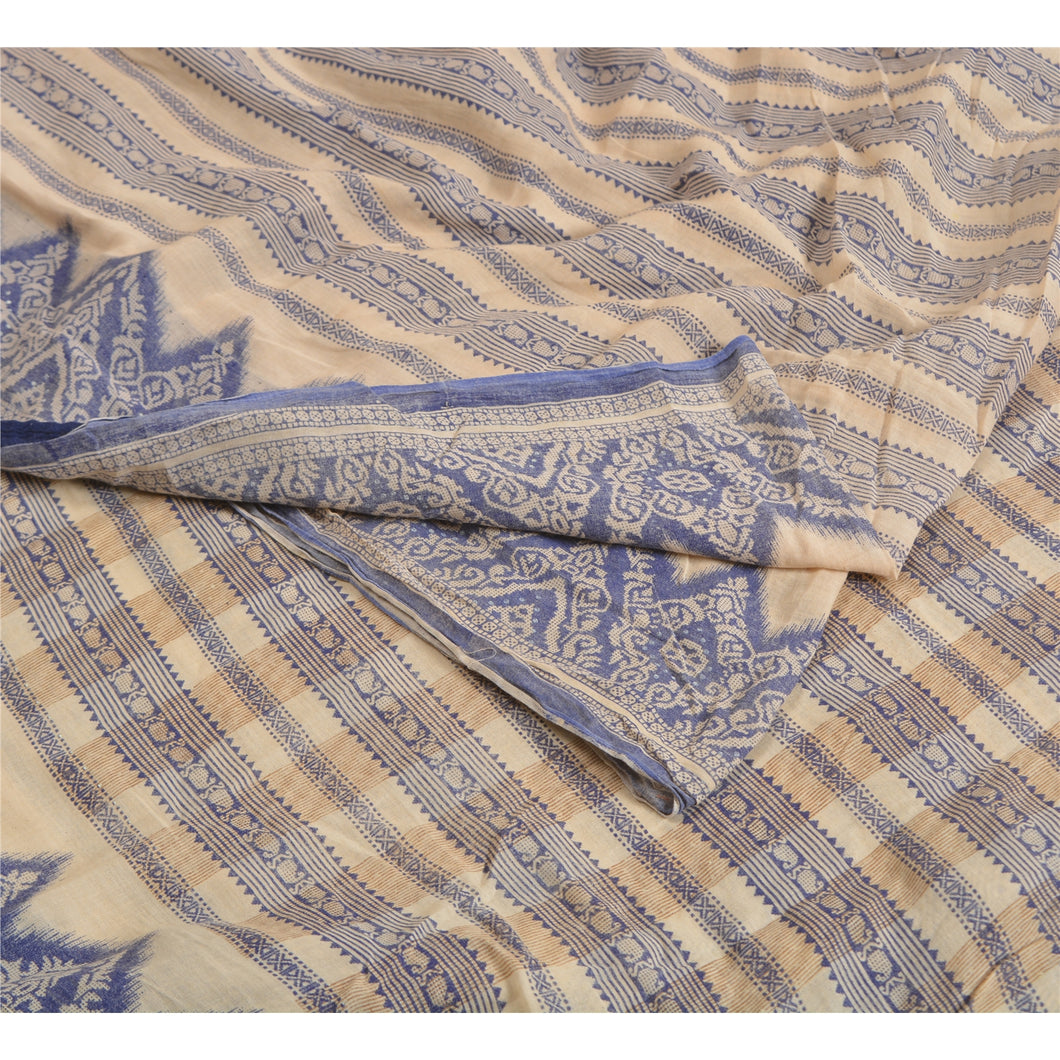 Sanskriti Vintage Sarees Ivory/Blue Pure Cotton Printed Sari 5yd Craft Fabric