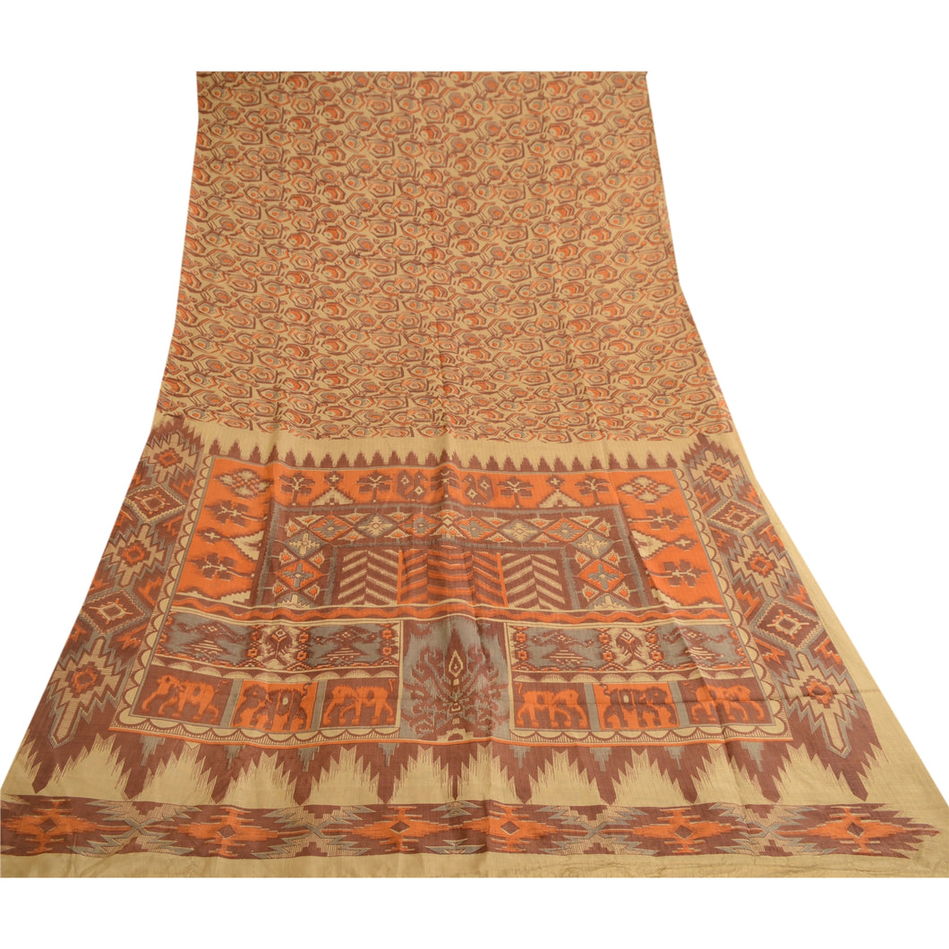 Sanskriti Vintage Beige Indian Sarees 100% Pure Silk Printed Sari Craft Fabric