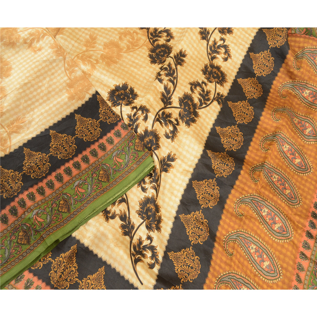 Sanskriti Vintage Brown Indian Sarees Pure Silk Printed Sari Floral Craft Fabric