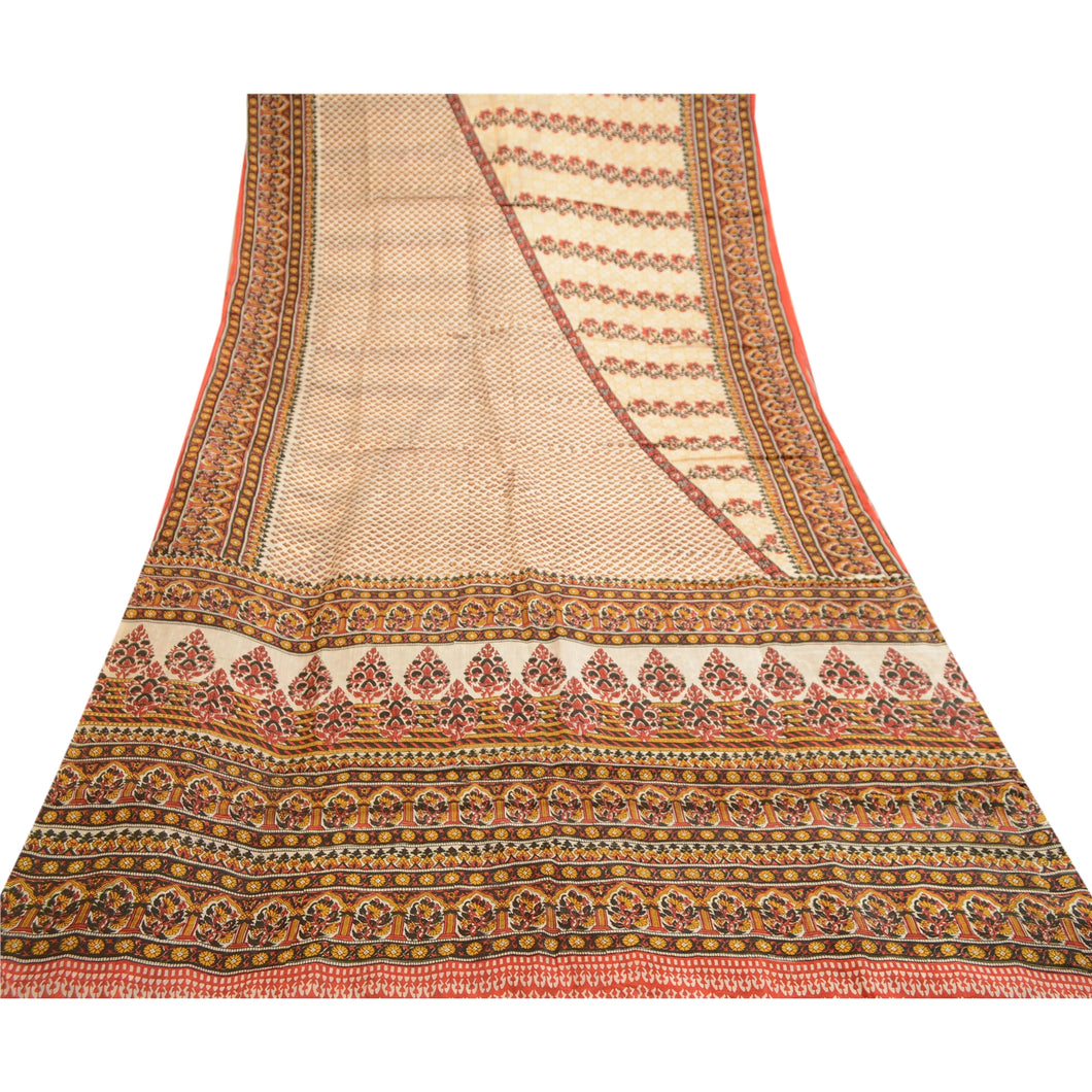 Sanskriti Vintage Cream Sarees Pure Silk Printed Sari 5yd Floral Craft Fabric