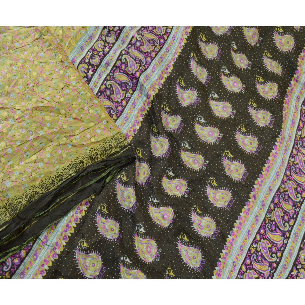 Sanskriti Vintage Green Sarees Pure Silk Printed Floral Sari 5yd Craft Fabric