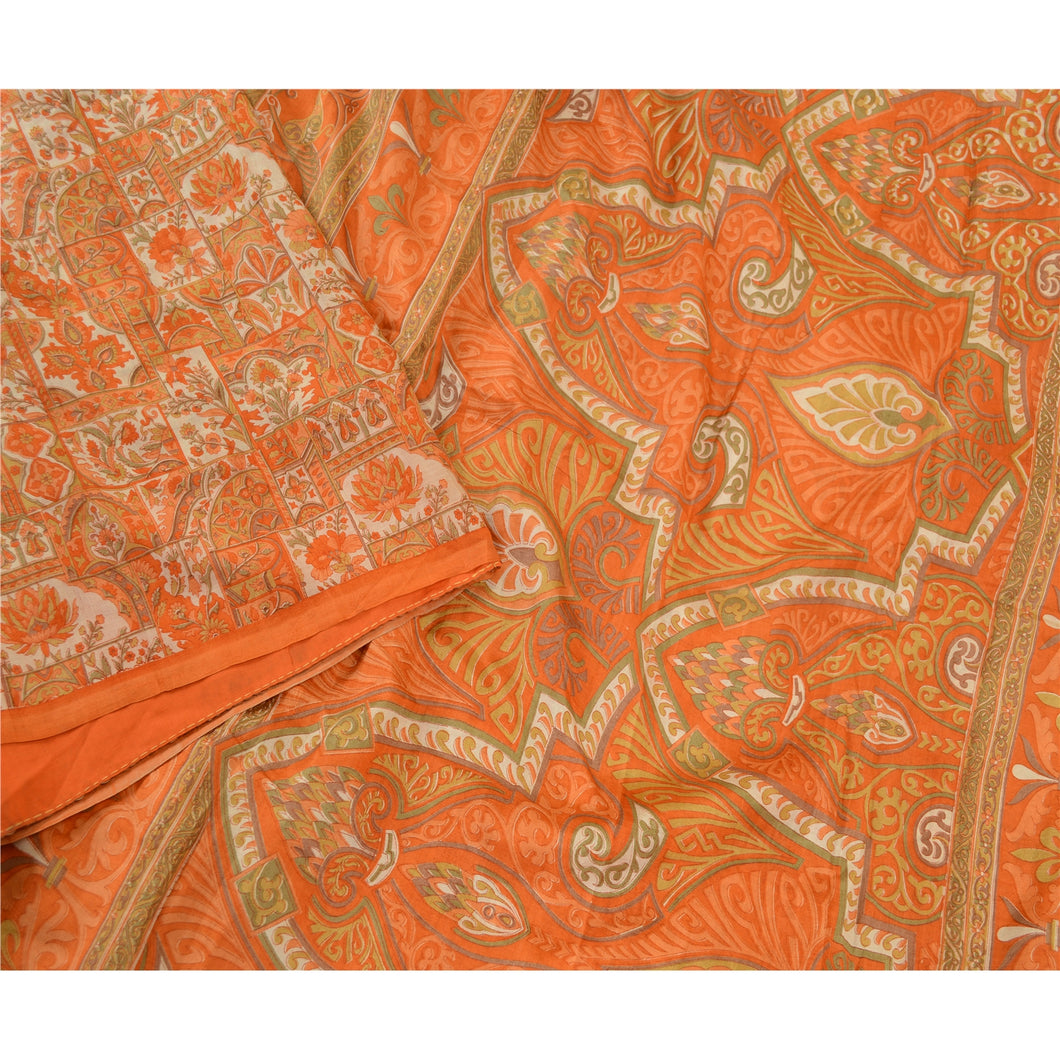 Sanskriti Vintage Orange Printed Sarees Pure Silk Soft Sari Floral Craft Fabric