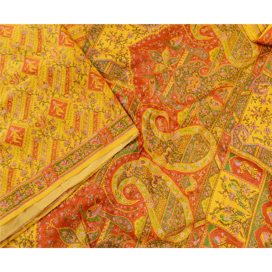 Sanskriti Vintage Yellow 100% Pure Silk Printed Sarees Sari Floral Craft Fabric