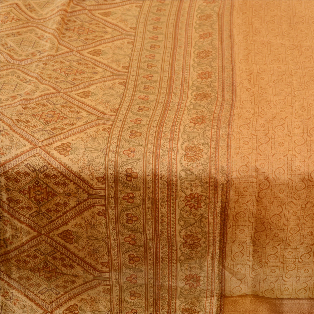 Sanskriti Vintage Saffron 100% Pure Silk Print Sarees Sari Floral Craft Fabric