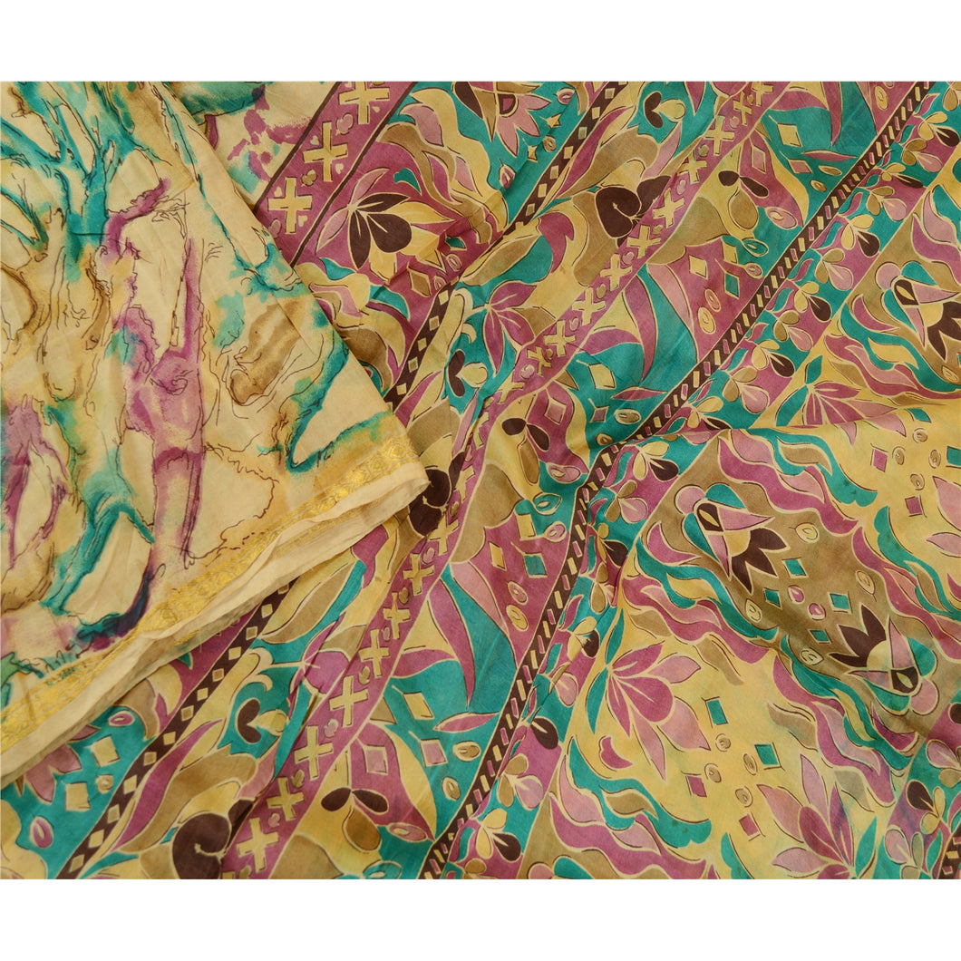 Sanskriti Vintage Multi Pure Silk Printed Sarees Zari Border Sari Craft Fabric