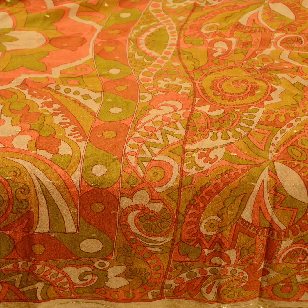 Sanskriti Vintage Orange Sarees Pure Silk Printed Woven Sari Craft Fabric