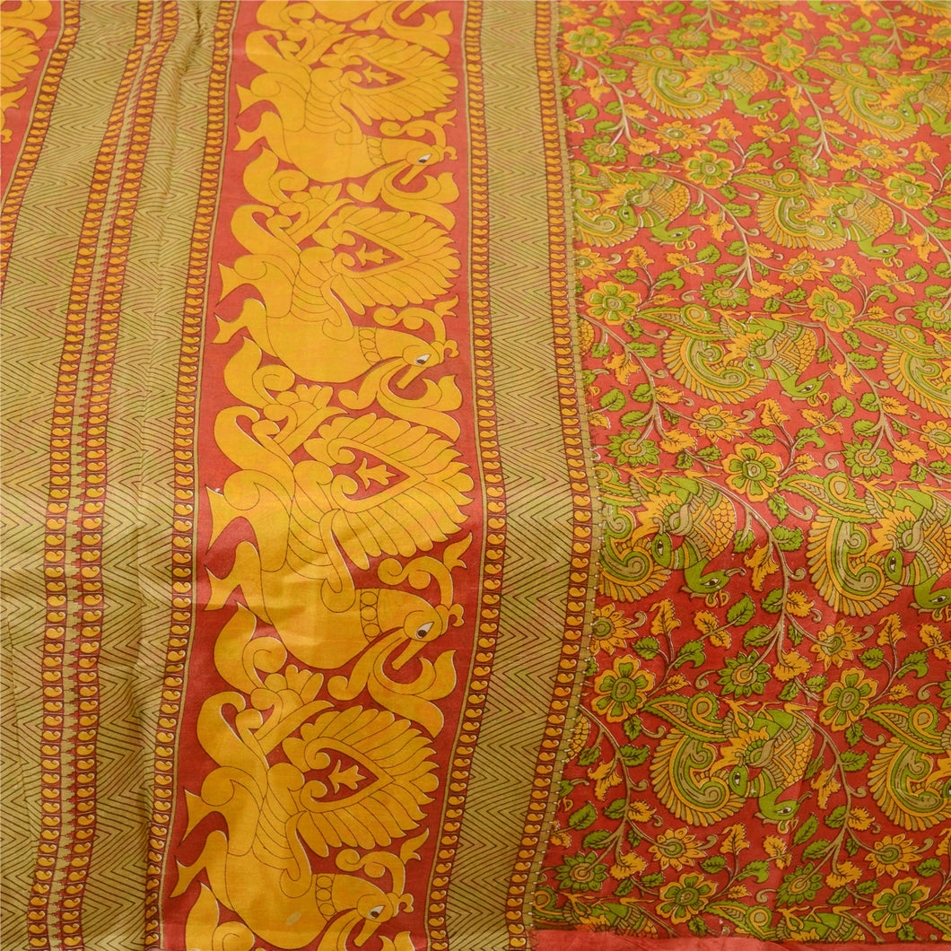Sanskriti Vintage Red Peacock Printed Sarees Pure Silk Sari Floral Craft Fabric
