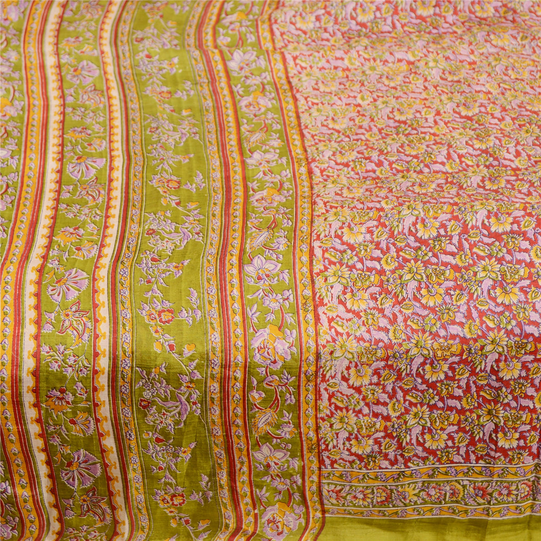 Sanskriti Vintage Red Indian Sarees Printed Pure Silk Sari Floral Craft Fabric