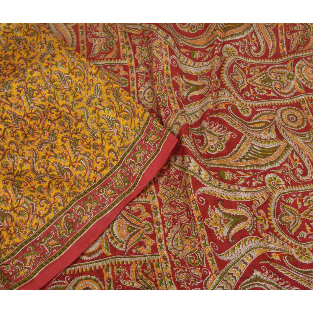 Sanskriti Vintage Sarees Yellow Indian Pure Silk Printed Sari 5yd Craft Fabric