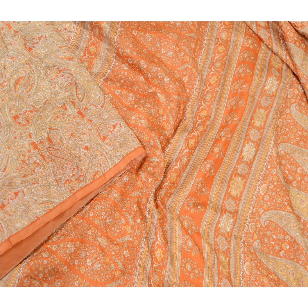 Sanskriti Vintage Sarees Orange 100% Pure Silk Printed Sari Floral Craft Fabric