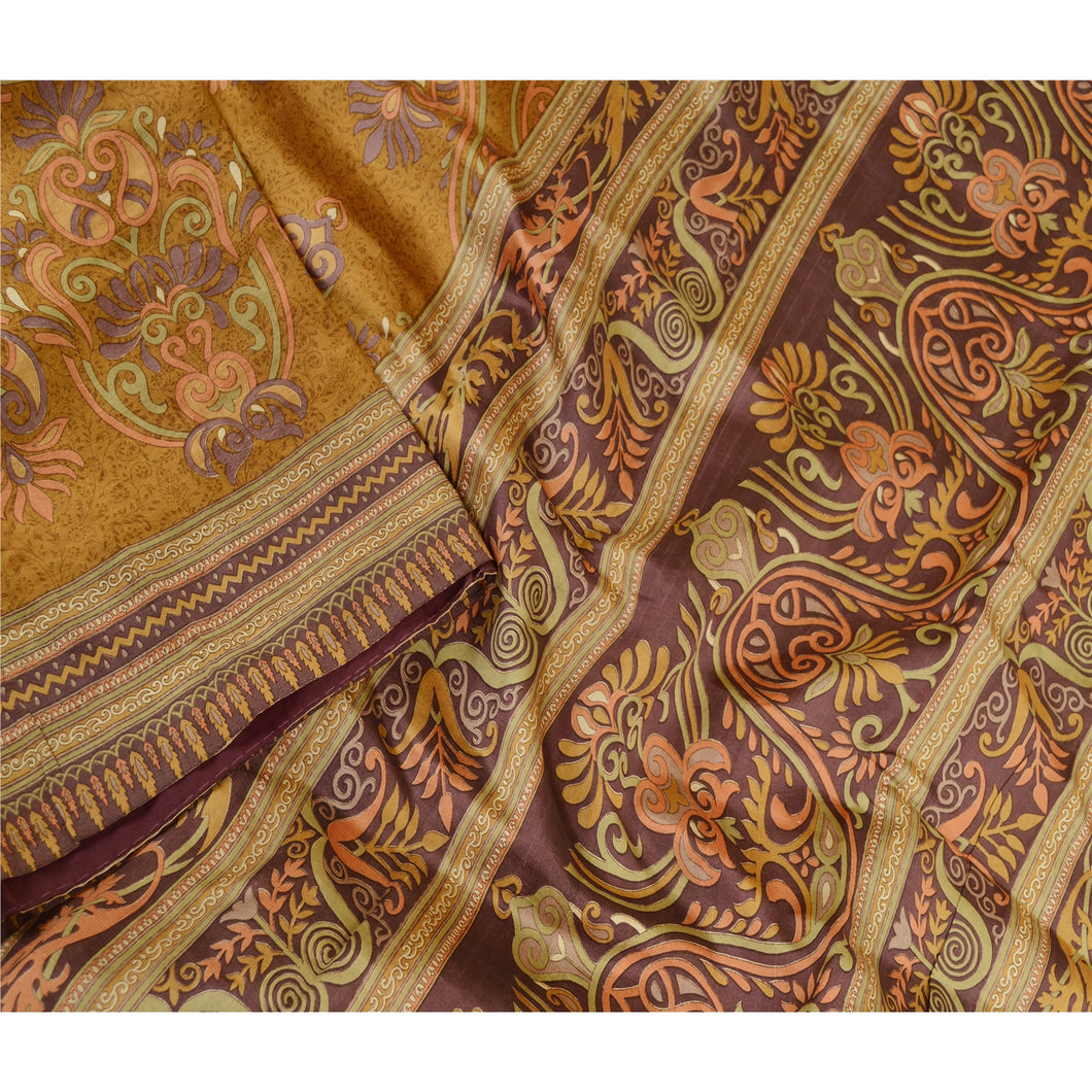 Sanskriti Vintage Sarees Brown Indian Pure Silk Printed Sari 5yd Craft Fabric
