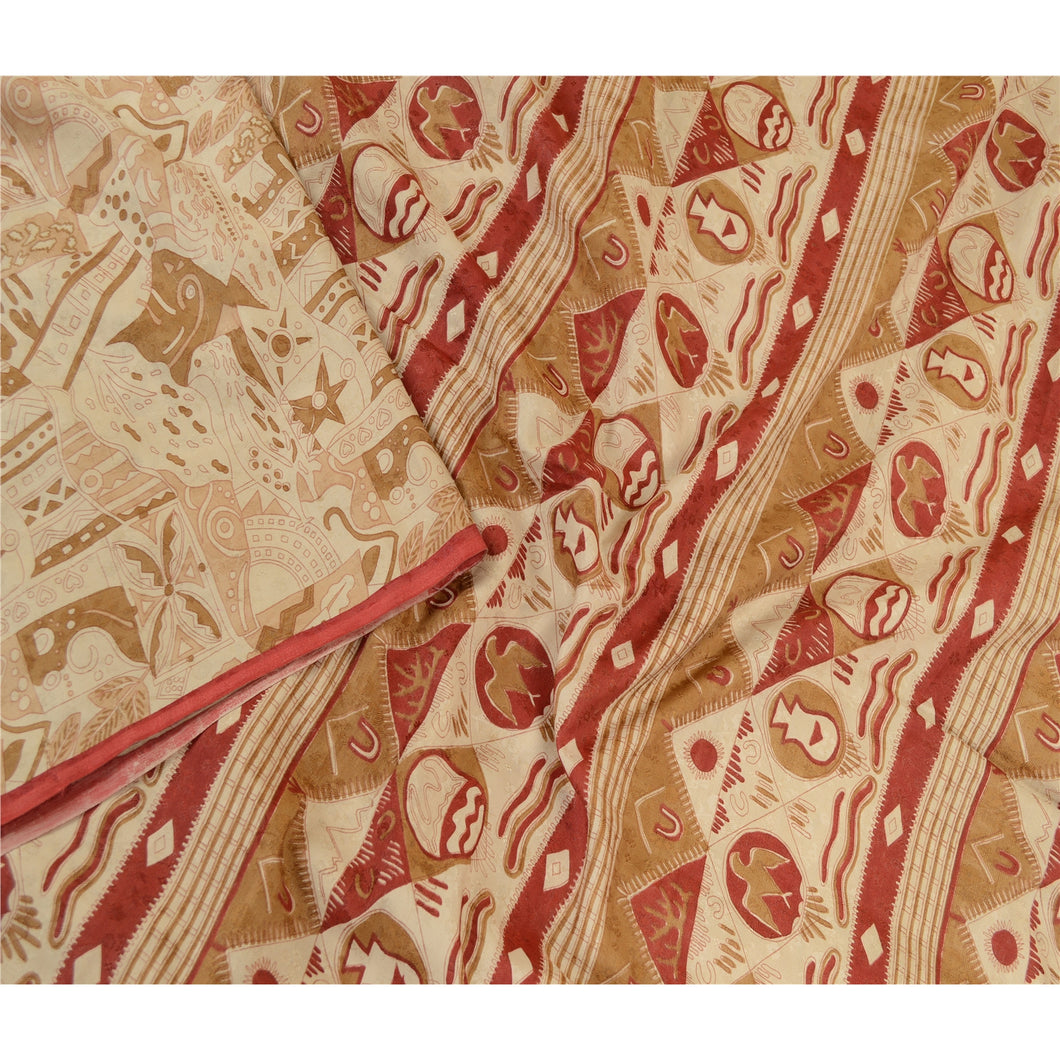 Sanskriti Vintage Sarees Brown 100% Pure Silk Printed Sari 5yd Soft Craft Fabric