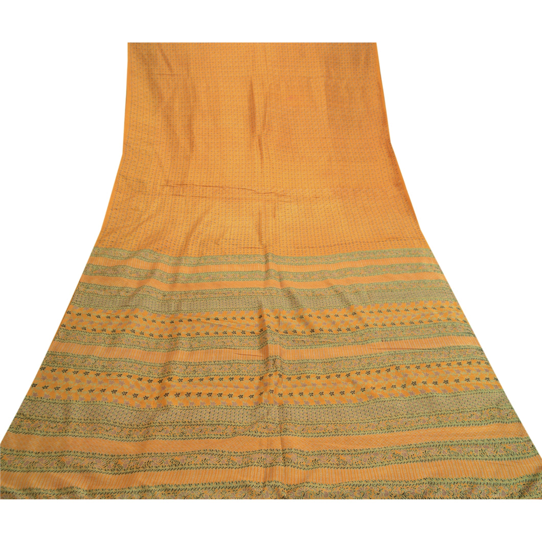 Sanskriti Vintage Sarees Mustard Pure Silk Printed Sari Floral Soft Craft Fabric