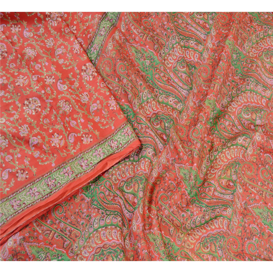 Sanskriti Vintage Sarees Red 100% Pure Silk Printed Sari Floral 5yd Craft Fabric