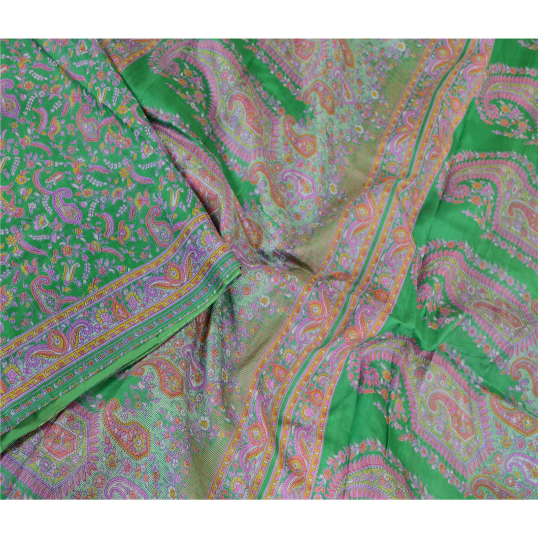 Sanskriti Vintage Sarees Indian Green 100% Pure Silk Printed Sari Craft Fabric