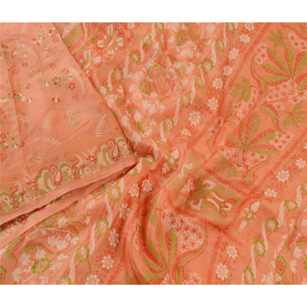 Sanskriti Vintage Peach Sarees 100% Pure Silk Printed Sari Craft 5 Yard Fabric
