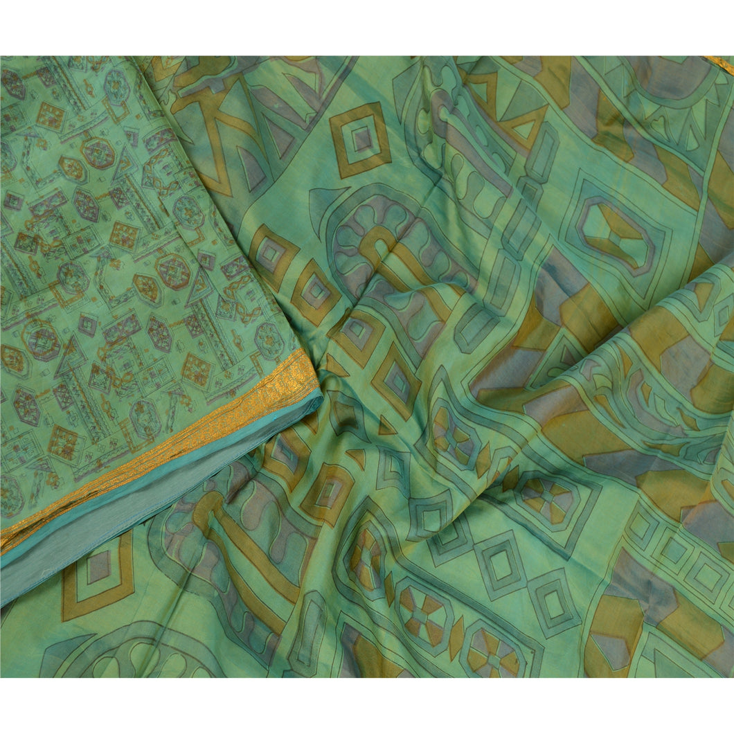 Sanskriti Vintage Sarees Green Pure Silk Printed Zari Border Sari Craft Fabric