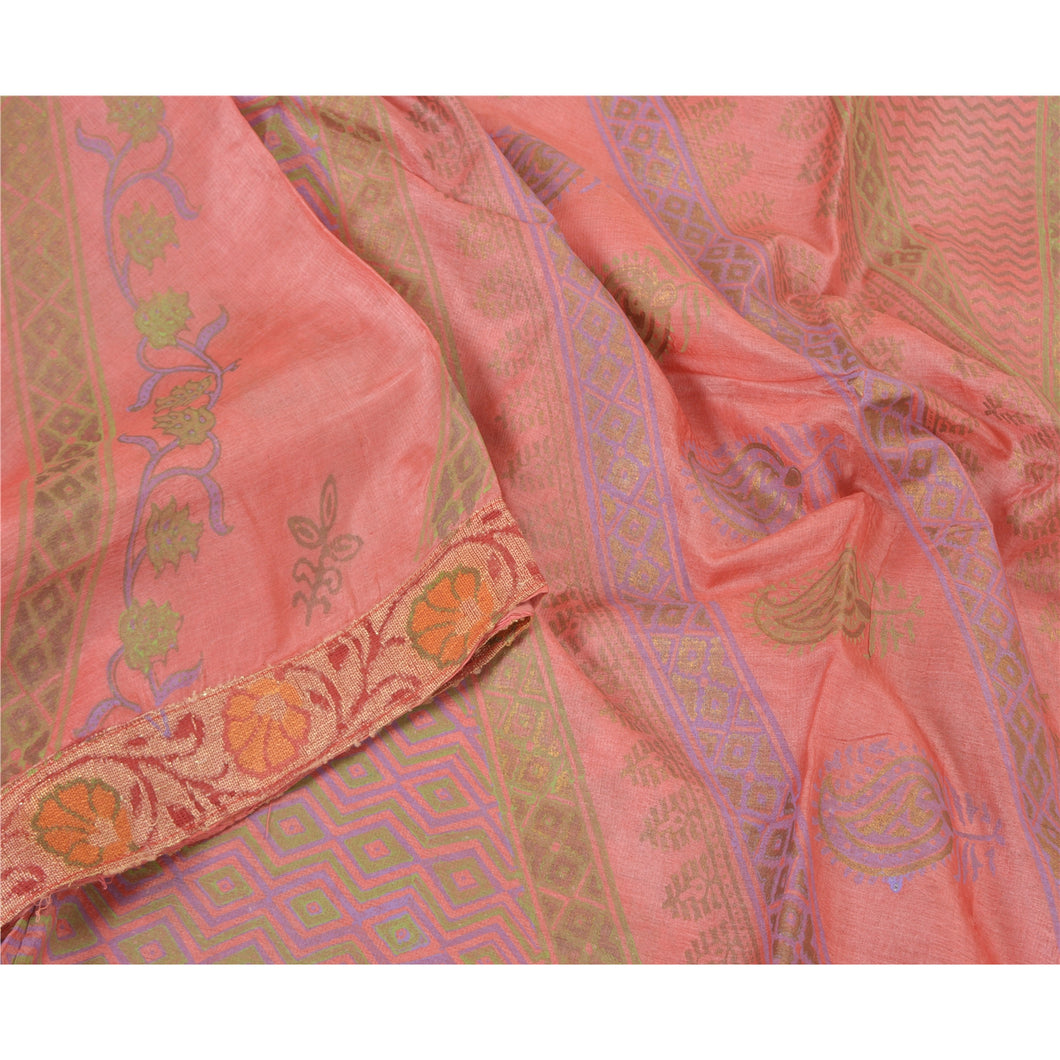 Sanskriti Vintage Sarees Indian Pink Printed Pure Silk Sari Floral Craft Fabric
