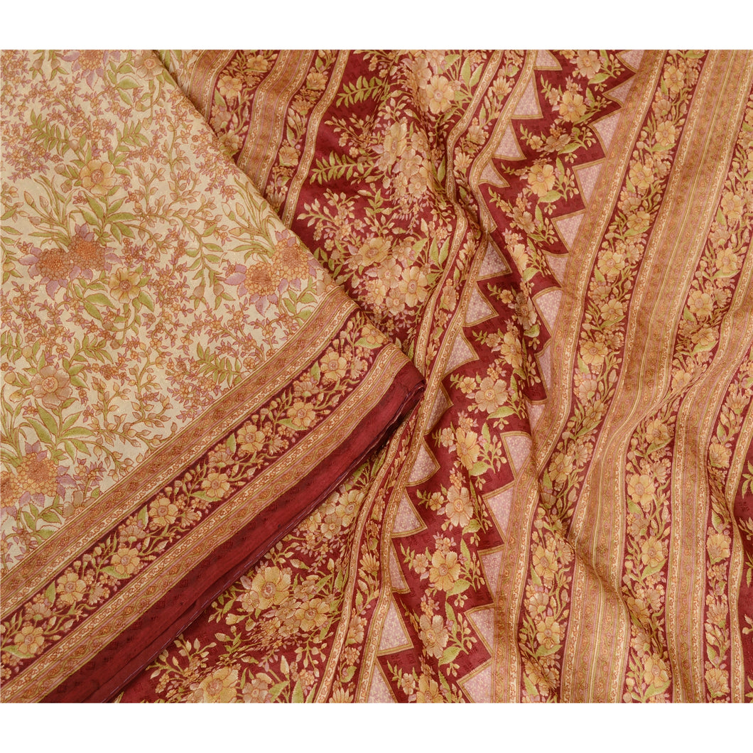 Sanskriti Vintage Sarees Shades of Cream Pure Silk Printed Sari 5yd Craft Fabric