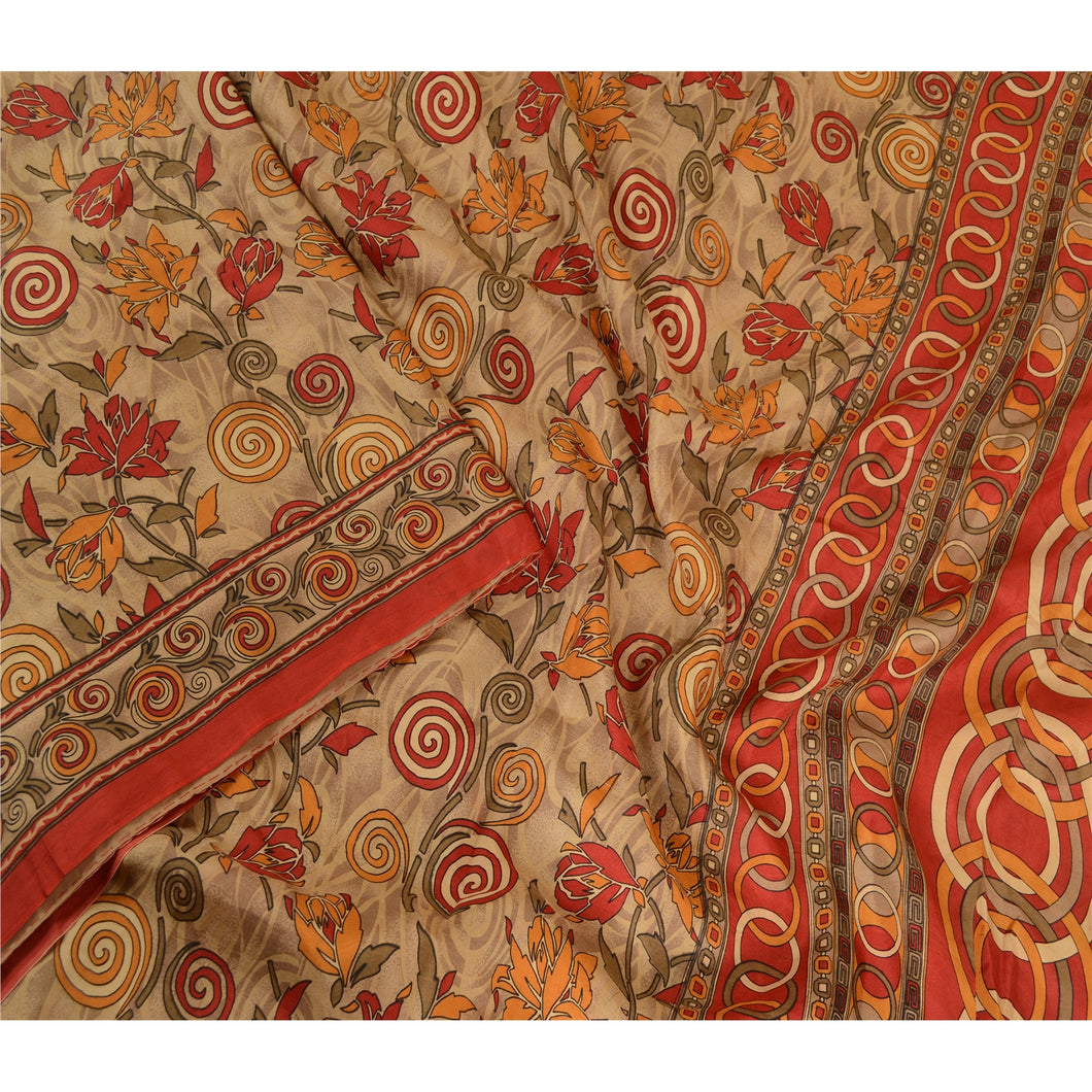 Sanskriti Vintage Sarees Pale Cream Pure Silk Printed Sari 5yd Soft Craft Fabric