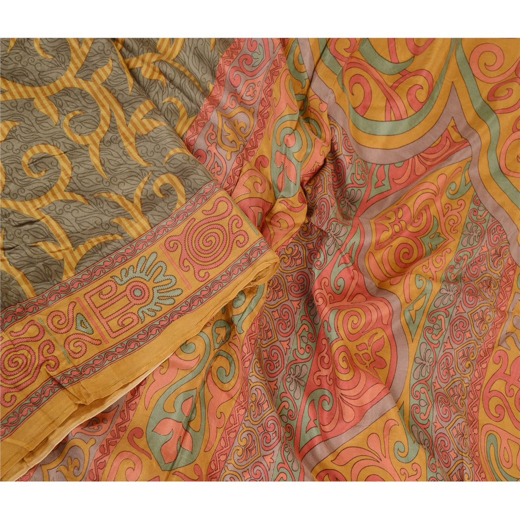 Sanskriti Vintage Sarees Gray 100% Pure Silk Printed Sari Floral Craft Fabric