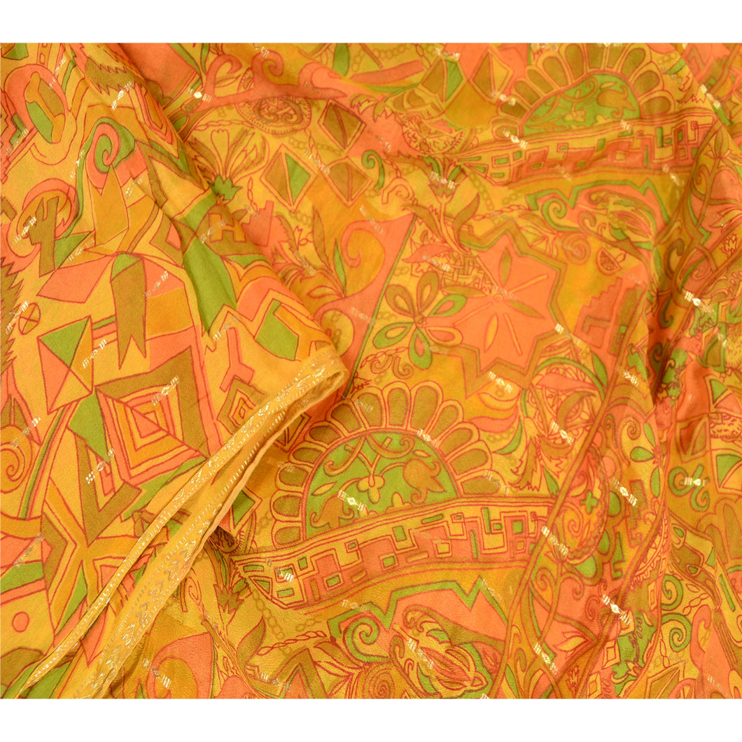 Sanskriti Vintage Sarees Yellow Printed Woven Pure Chinon Silk Sari Craft Fabric